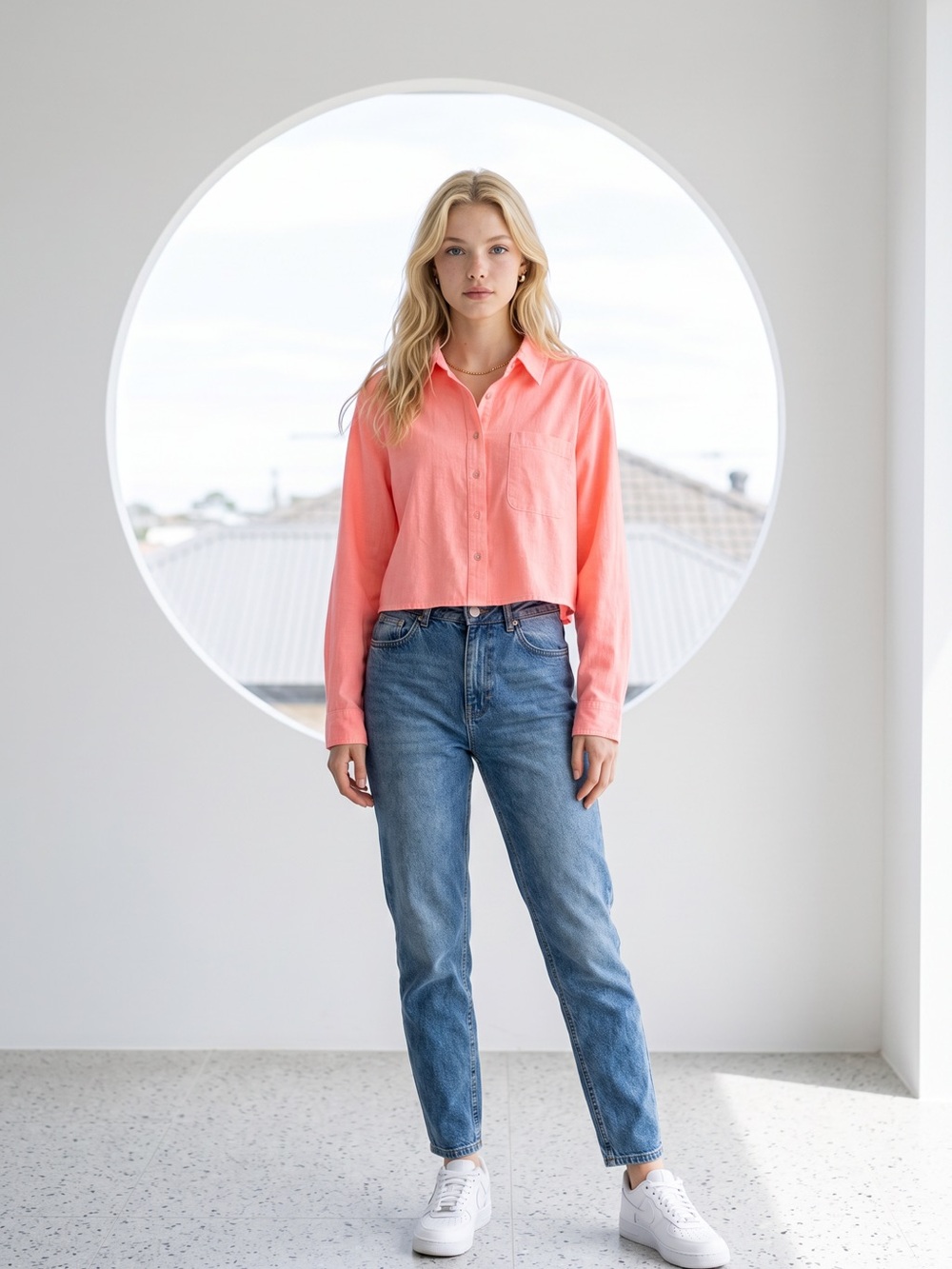 Universal Thread Long Sleeve Women's XXL Coral Cropped Button-Up Casual Shirt